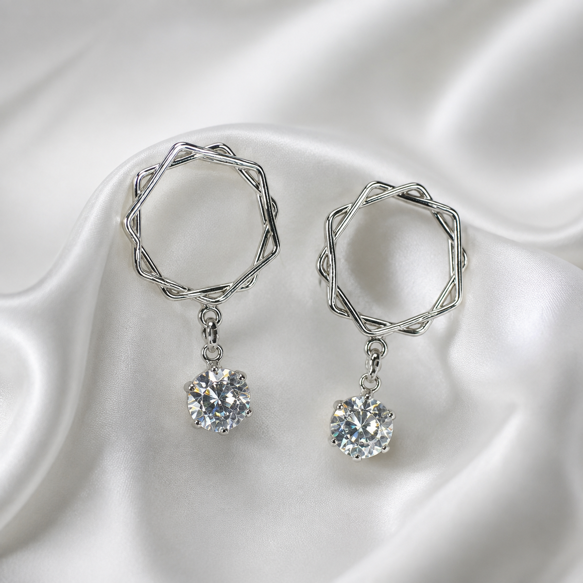 Silver Geometric Crystal Drop Earrings
