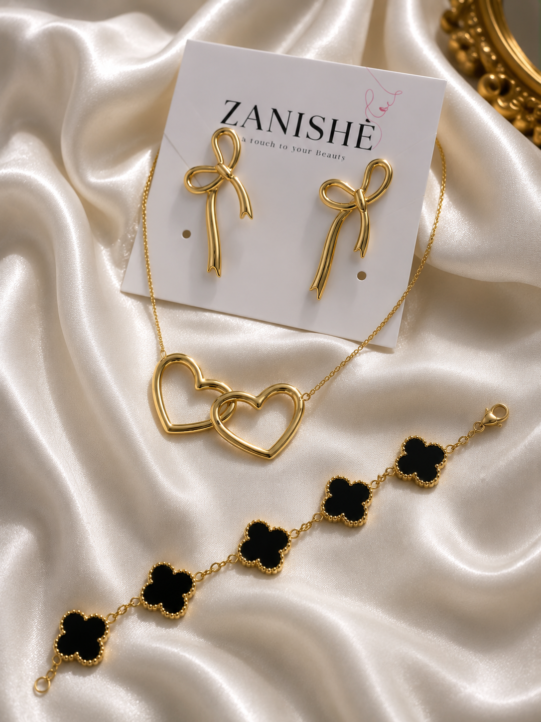 3-Piece Jewelry Set for Women | Heart Necklace, Clover Bracelet & Bow Earrings