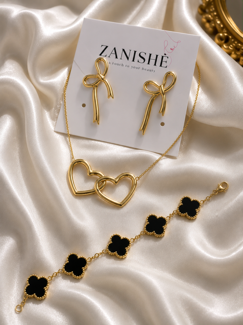 3-Piece Jewelry Set for Women | Heart Necklace, Clover Bracelet & Bow Earrings