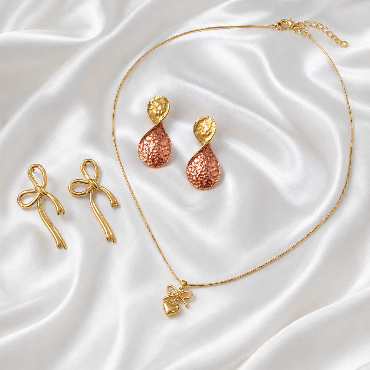 Luxury 3-Piece Jewelry Set for Women | Bow Heart Necklace, Gold Bow Earrings & Dual-Tone Drop Earrings