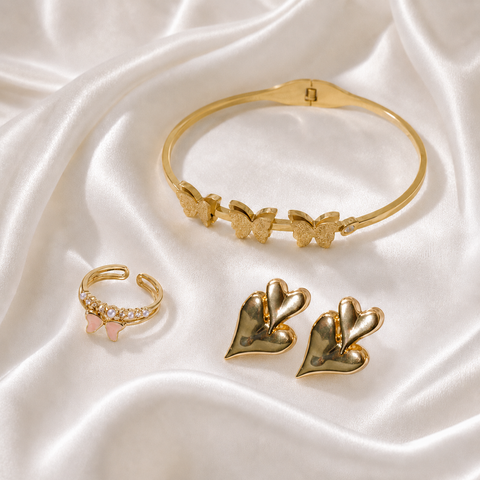 Jewelry Set for Women | Butterfly Bangle, Heart Stud Earrings & Pink Heart Ring