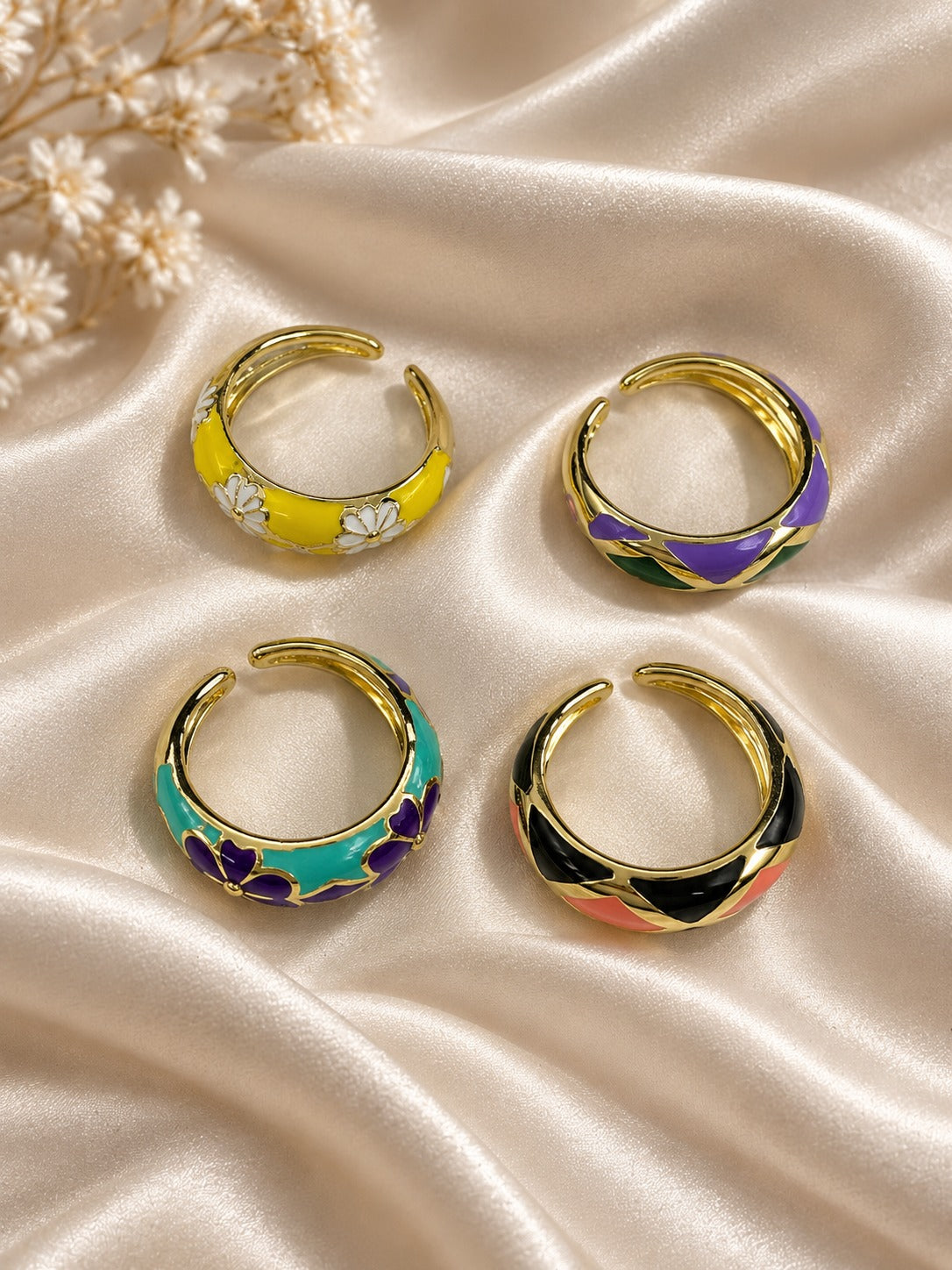 Floral Enamel Open Ring Set