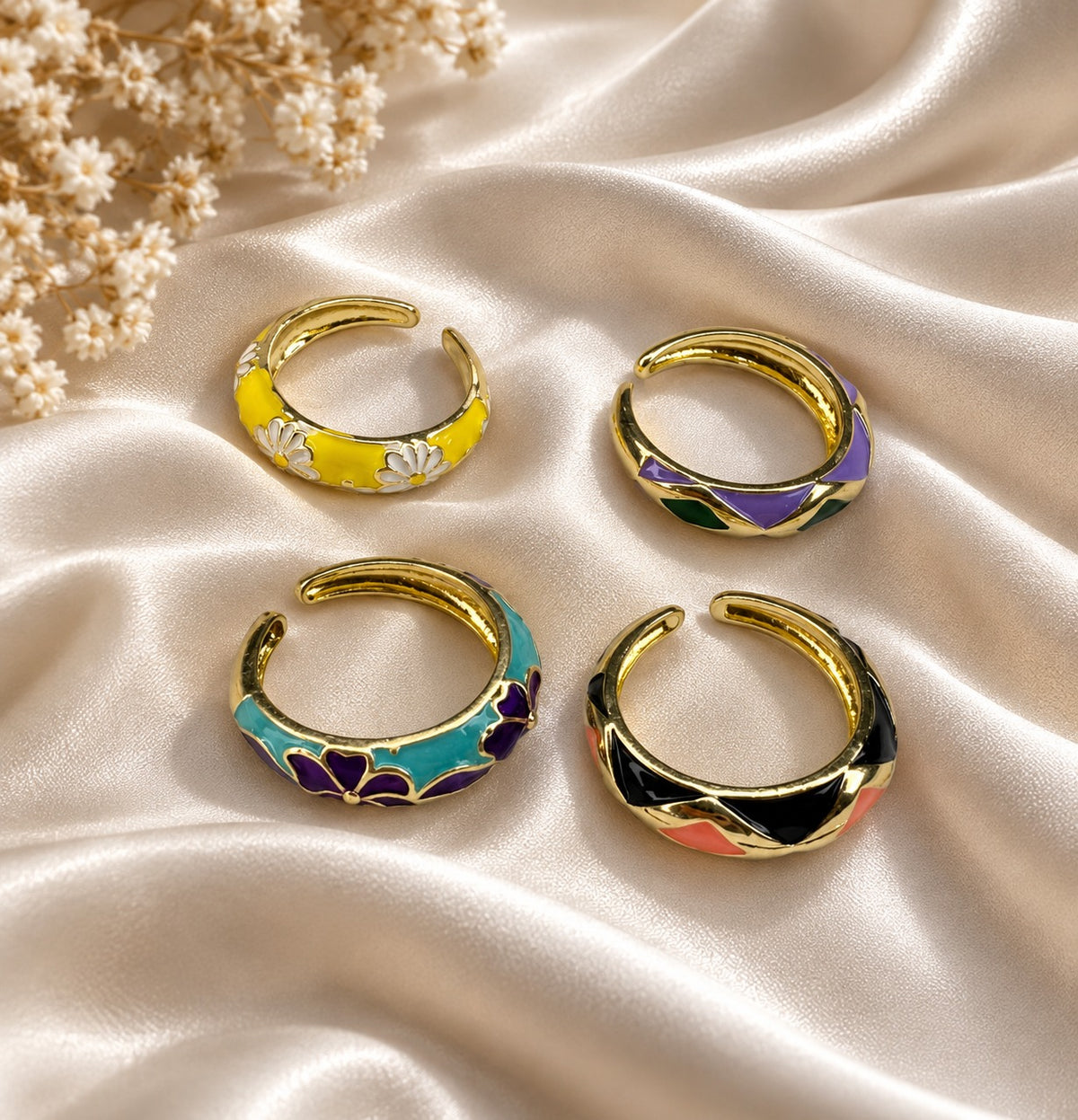 Floral Enamel Open Ring Set